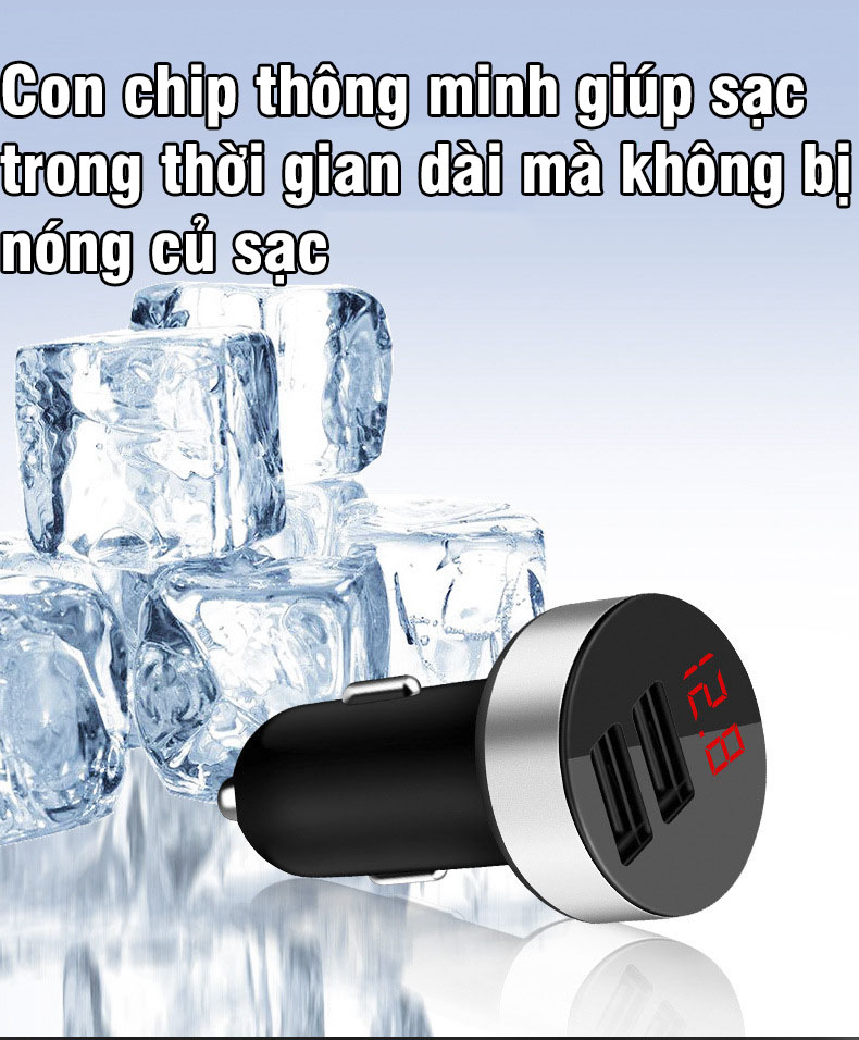 Tẩu sạc ô tô siêu nhanh 2 cổng USB có đèn LED báo điện áp ắc quy