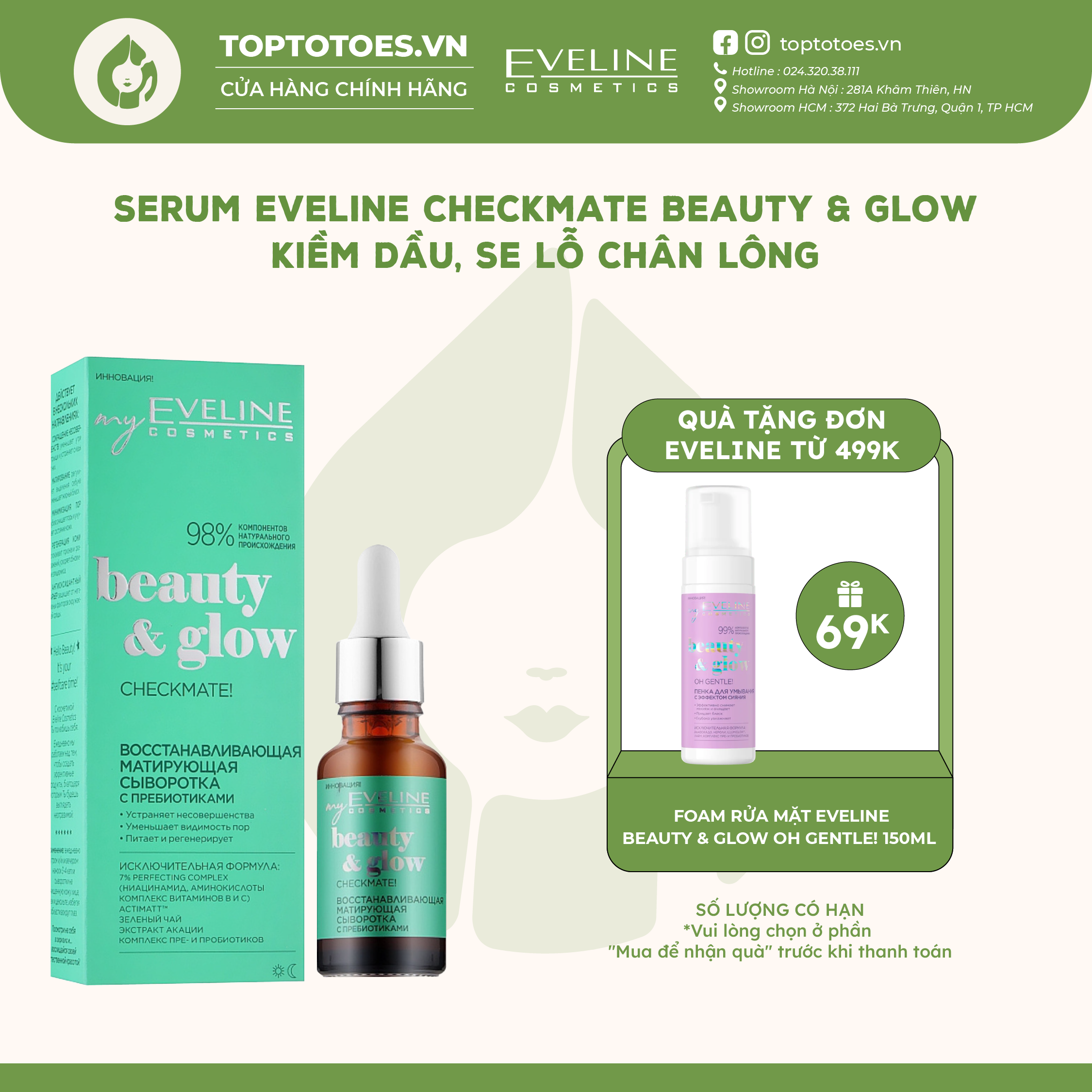 Serum Eveline Checkmate Beauty & Glow kiềm dầu ngừa mụn mờ thâm se lỗ chân lông với B5 & Niacinamide