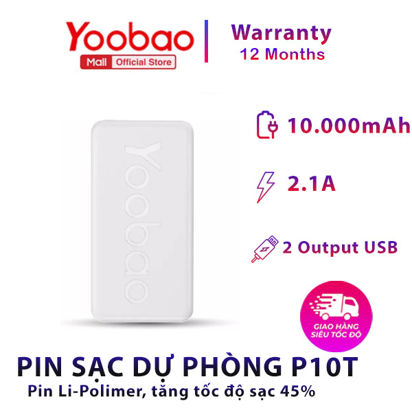 Sạc dự phòng 10000mah yoobao p10t sạc nhanh 2.1a - hàng phân phối chính hãng - bảo hành 12 tháng