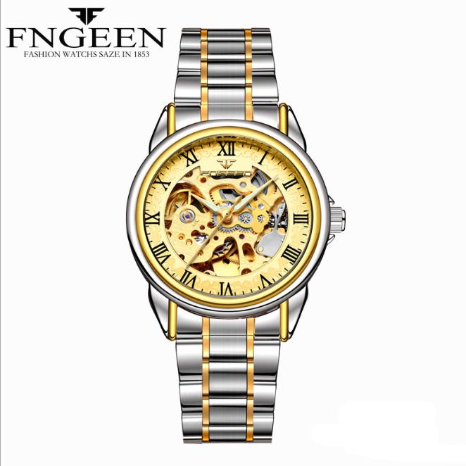 Đồng hồ nam Bosck 668 máy cơ automatic (Mặt đen dây sọc vàng)