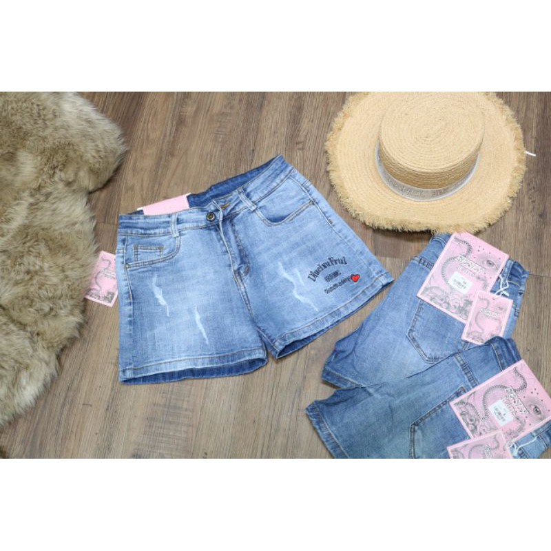 Quần Jeans Nữ Sooc Xanh Thêu Lưng Cao [ Ảnh Thật ]