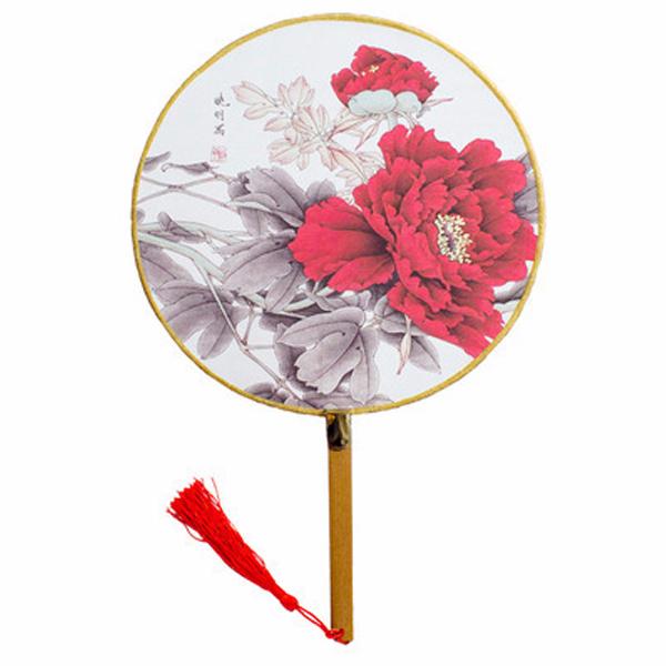 Quạt tròn cổ trang mẫu đơn đỏ quạt xếp cầm tay phong cách Trung Quốc in họa tiết trang trí đẹp