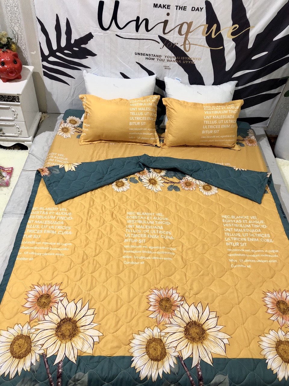 TRỌN BỘ CHĂN GA GỐI COMBO 5 MÓN - HOA HƯỚNG DƯƠNG drap giường, ga giường, ra giường, drap trải giường,ga trải giường, drap trải giường đẹp ga trải giường cưới, bộ ga trải nệm mát, ga giường cưới spa