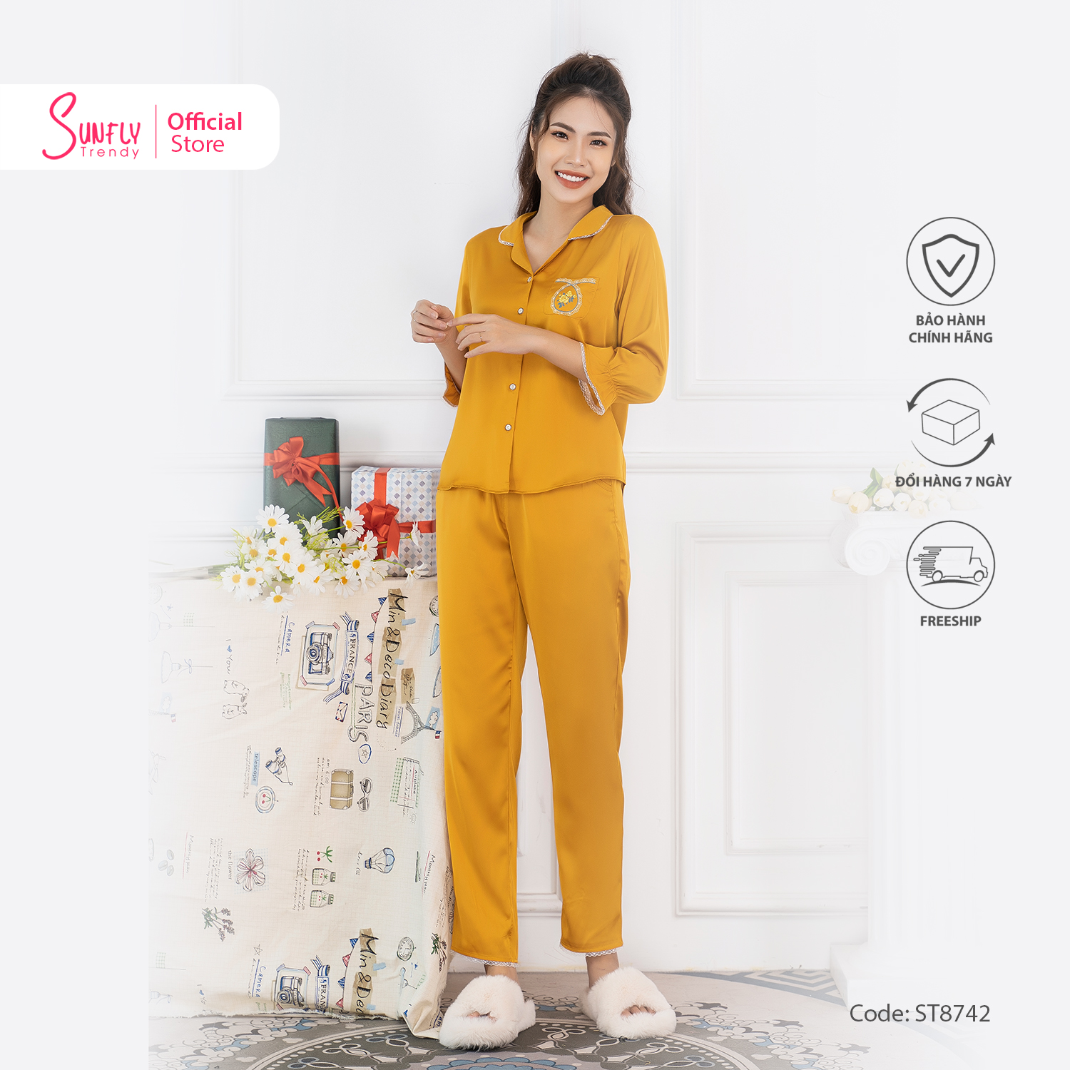 Bộ pijamas nữ mặc nhà sunfly bộ mặc nhà nữ chất liệu mềm mịn bộ ngủ nữ lụa dáng dài st8742