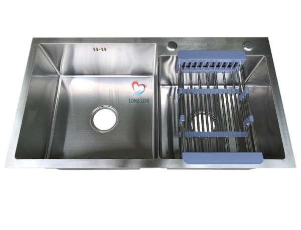 Chậu rửa bát Inox 201 Đúc Nguyên Khối 82 x 45cm 2 hố lệch (tặng kệ để đồ)