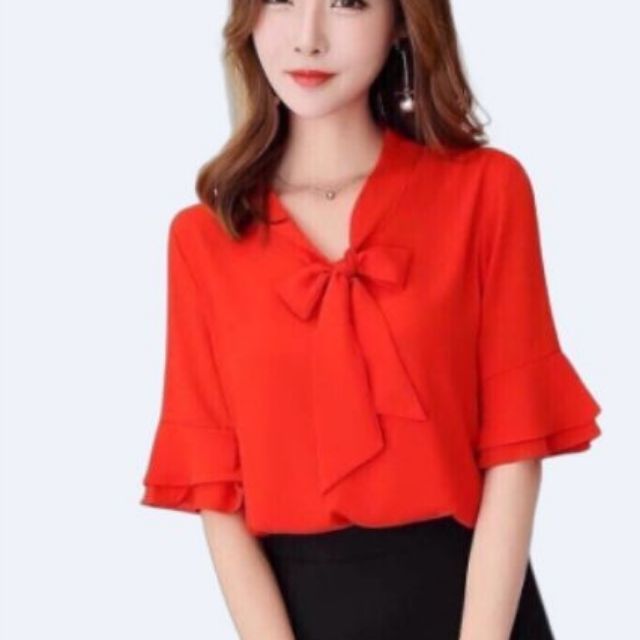 ZERASY - Áo voan tay bèo cổ thắt nơ dễ thương
