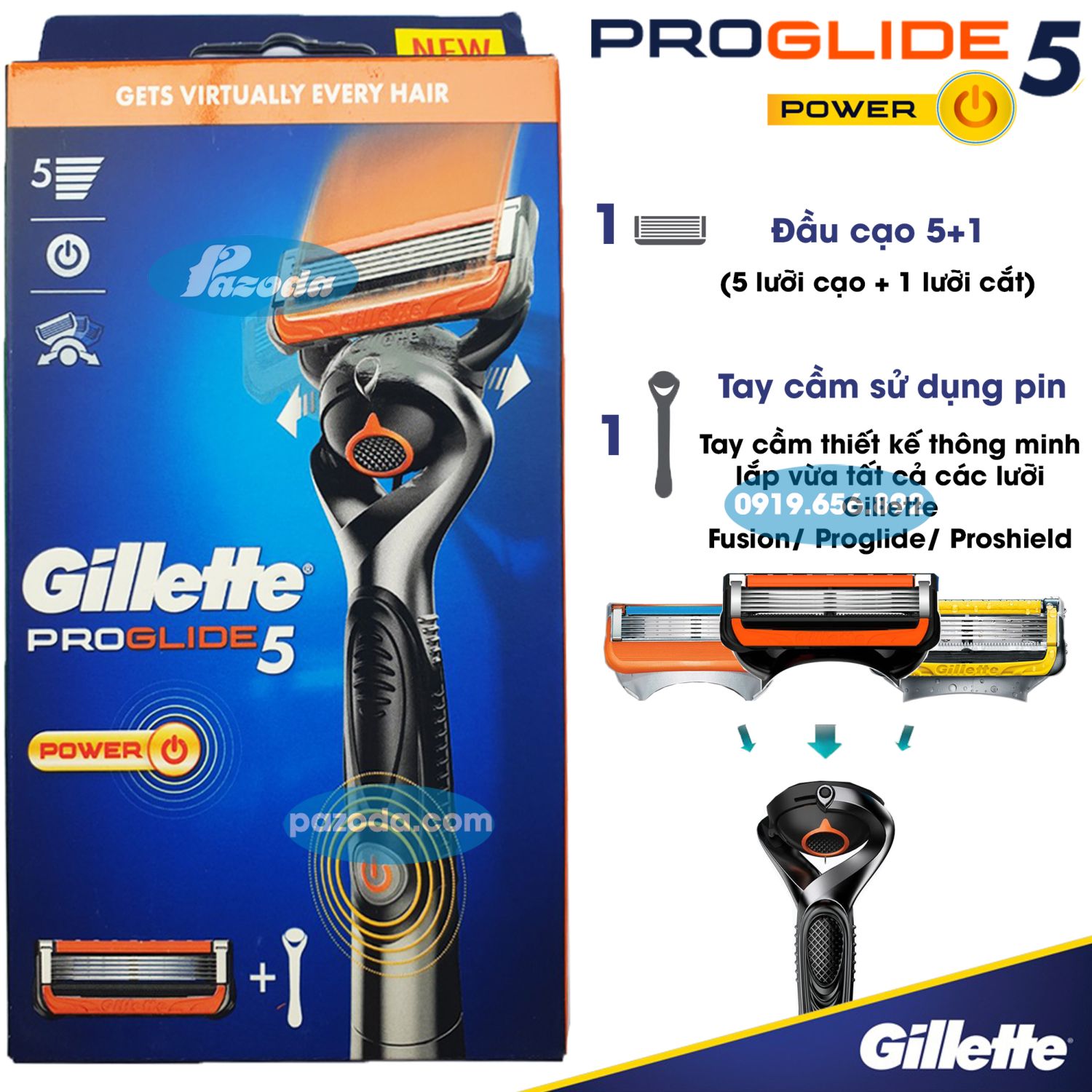 Dao cạo râu 5 lưỡi Gillette Proglide5 Power (1 tay cầm sử dụng pin và 1 đầu cạo)