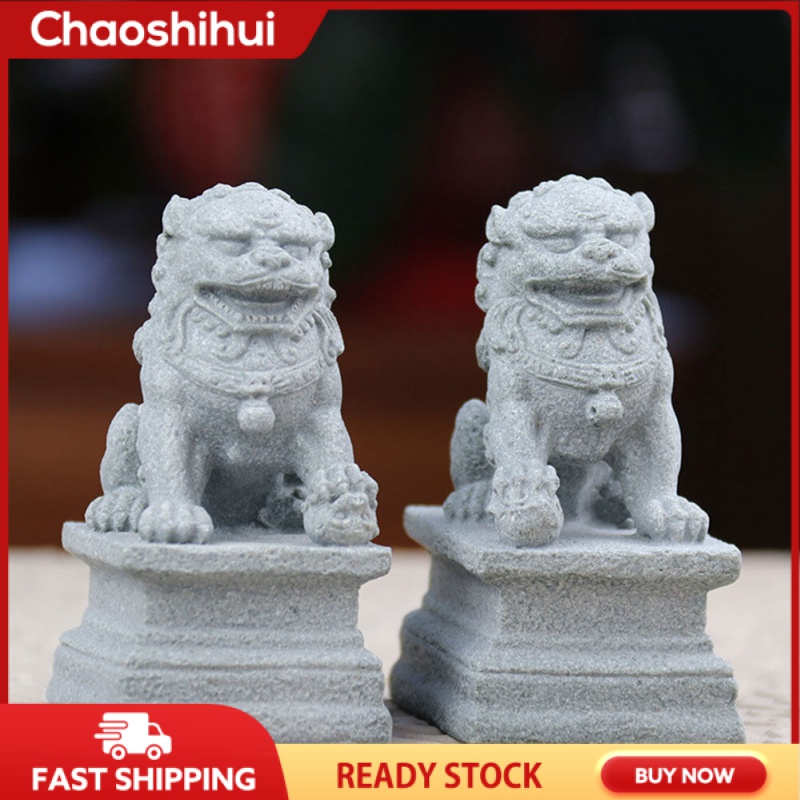 2Pcs Mini Stone Lion Decor Chinese Style Lion Statue Desktop Feng Shui Adornment