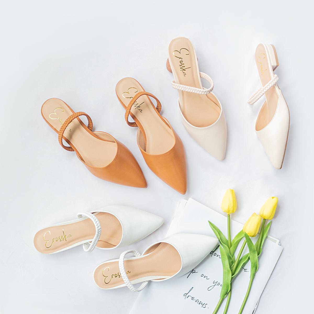 Giày nữ, giày cao gót slingback mũi nhọn cao 2cm phối dây thời trang kiểu dáng basic - EL002 (WH)