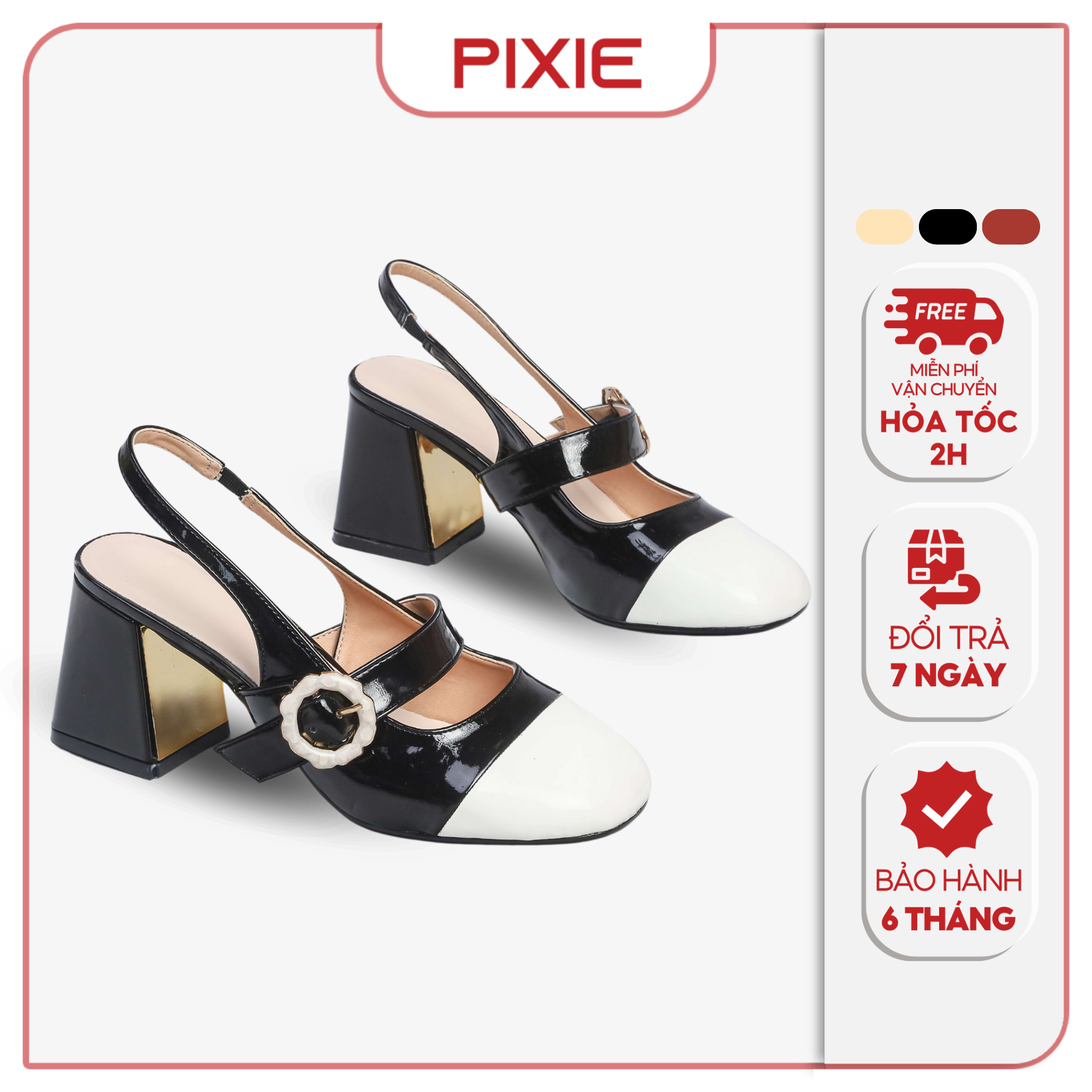 Giày Cao Gót 7cm Sling Back Quai Ngang Phối Khóa Pixie E263