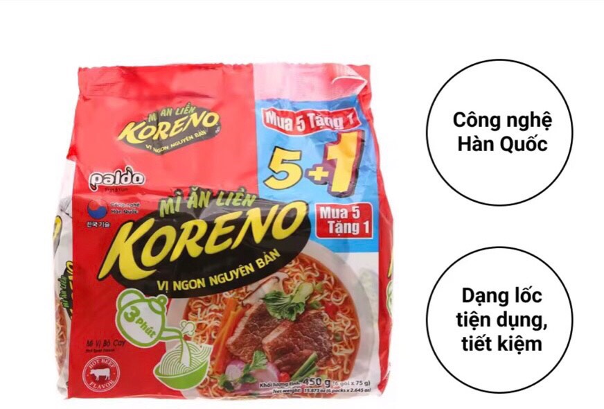 Lốc 6 gói mì koreno vị bò cay 75g.