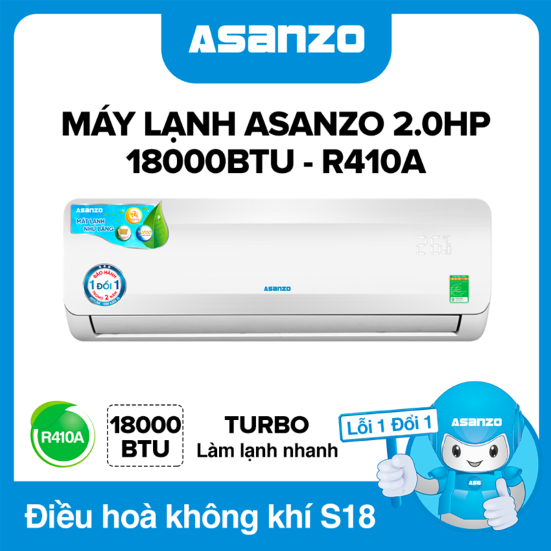 Máy Lạnh Asanzo S18A 18000BTU (2.0HP) Phù Hợp Diện Tích 22-30m² (Siêu Tiết Kiệm, Làm Lạnh Nhanh, Tự Điều Chỉnh Nhiệt Độ, Lọc Không Khí) Máy lạnh giá rẻ - Bảo Hành 2 Năm