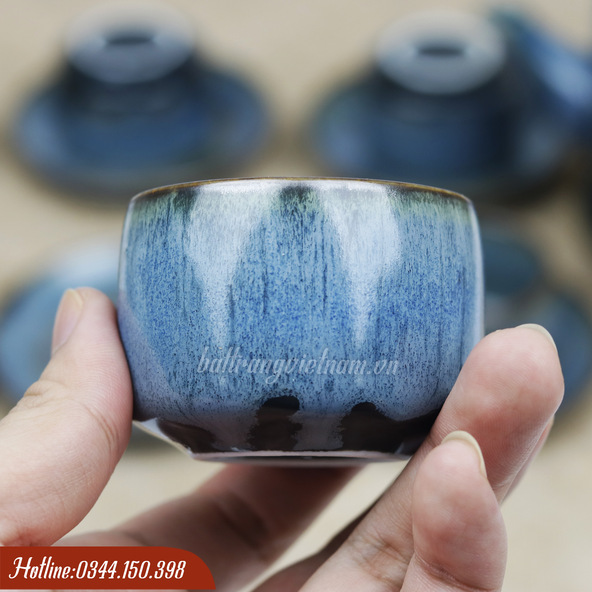 Bộ ấm chén men hỏa biến Bát Tràng màu xanh đá