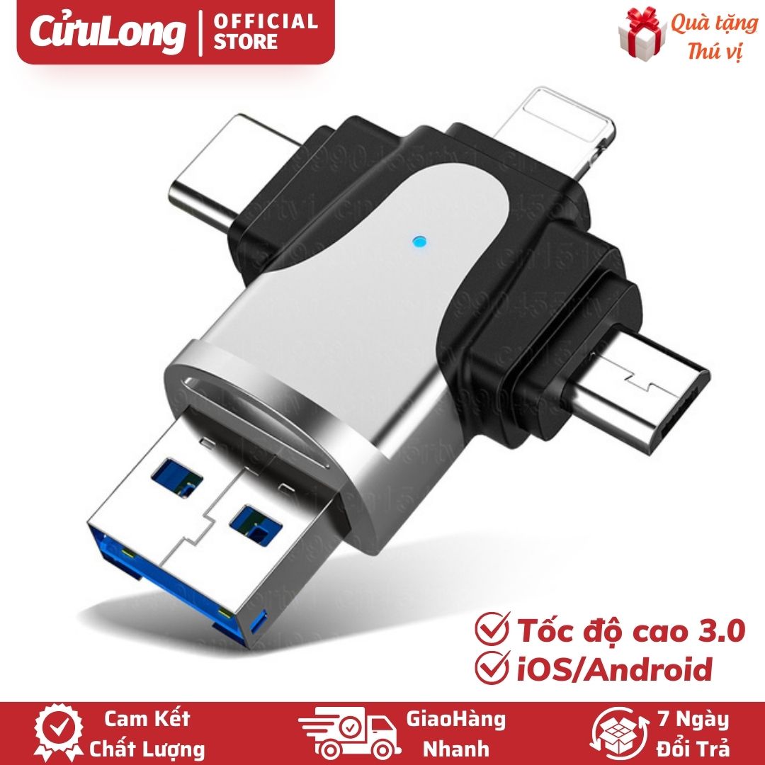 Đầu Đọc Thẻ Nhớ 3.0 OTG 4 Trong 1 TF Card Micro SD máy ảnh đa năng iphone type c micro usb tốc độ cao cho điện thoại máy tính