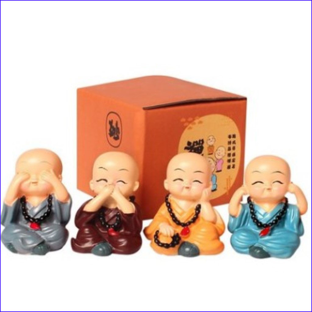 Bộ tượng bốn chú tiểu tứ không bằng gốm sứ bộ tượng chú tiểu hòa thượng tứ không - bộ tượng 4 tư thế , trang trí xe hơi,
