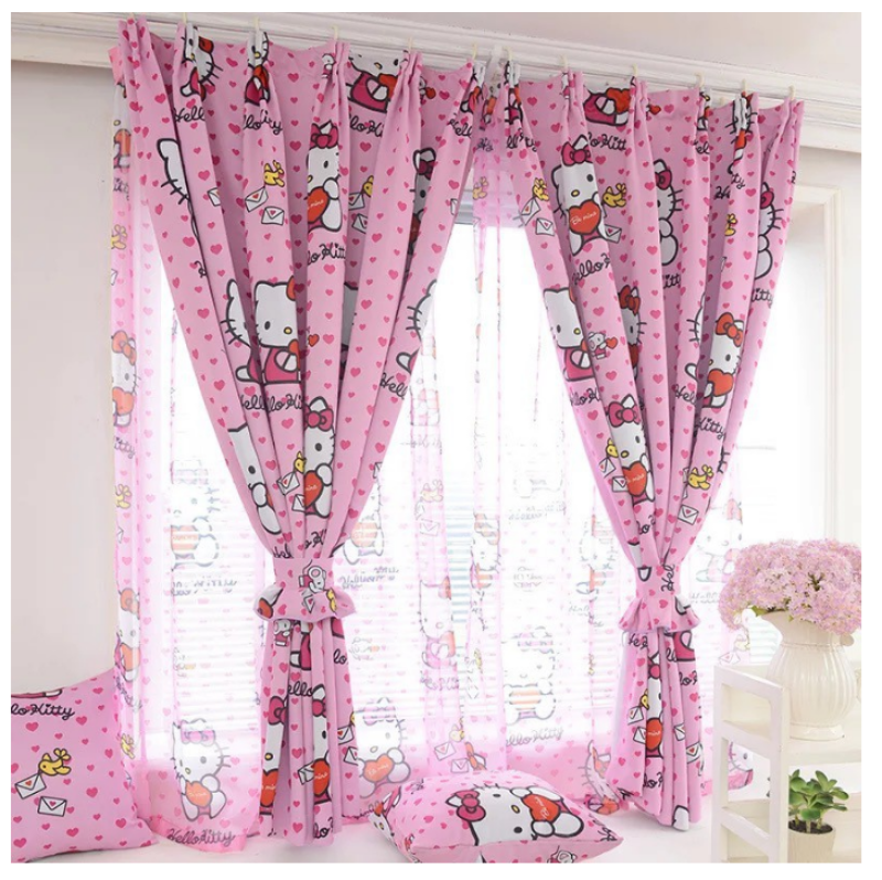 Rèm cửa trang trí - rèm vải cao cấp - kitty hồng trái tim. Không co rút khi giặt, không phai màu trong quá trình sử dụng.