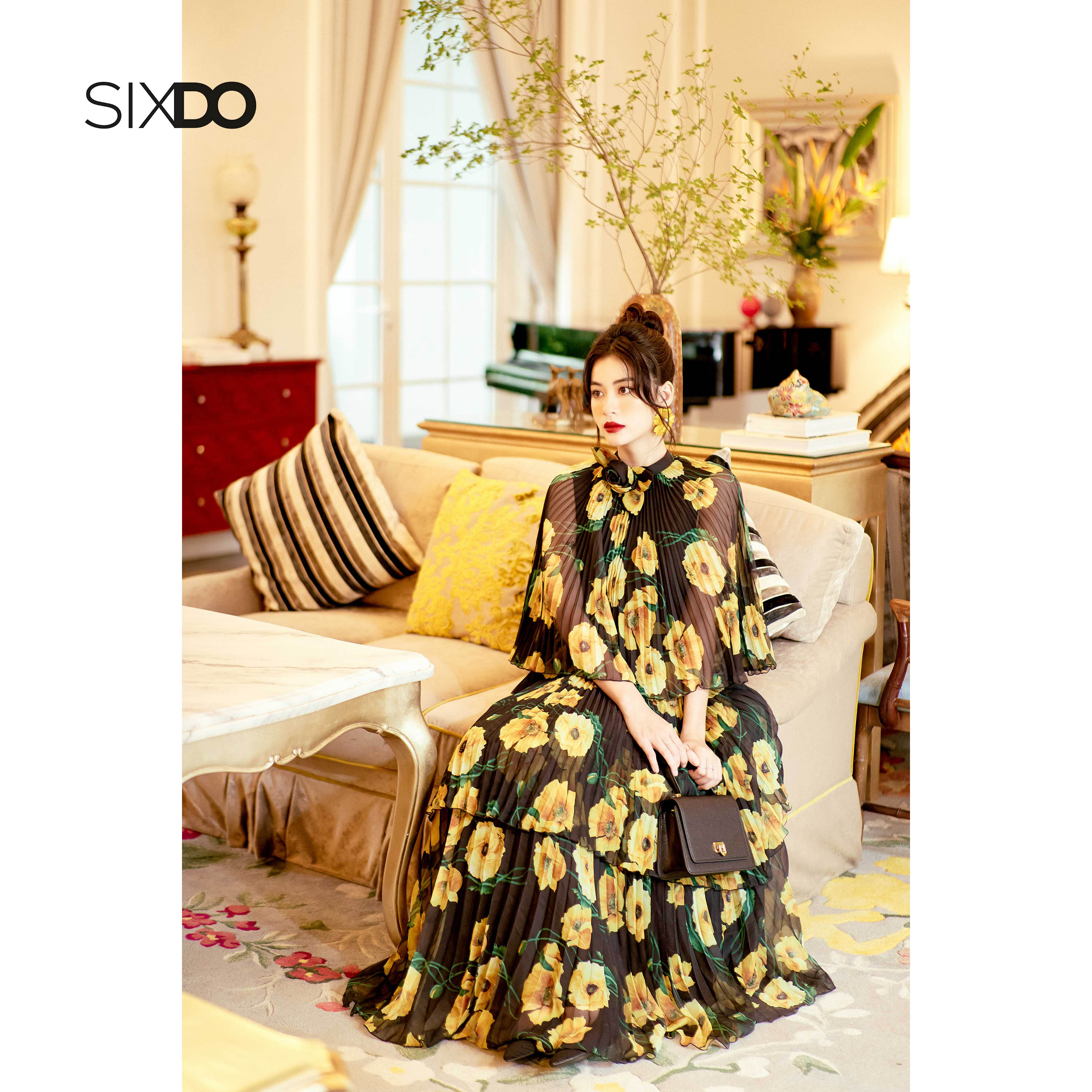 Đầm voan hoa vàng xếp ly cách điệu SIXDO (Black With Yellow Poppy Midi Voile Dress)