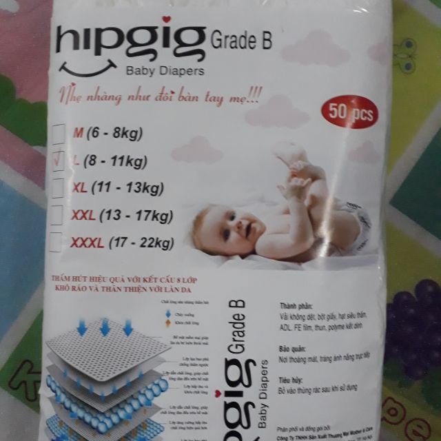 [Miễn ship] Bỉm quần Hipgig siêu mềm siêu thấm chống hăm cho bé bịch 50 miếng size M/L/XL/XXXL