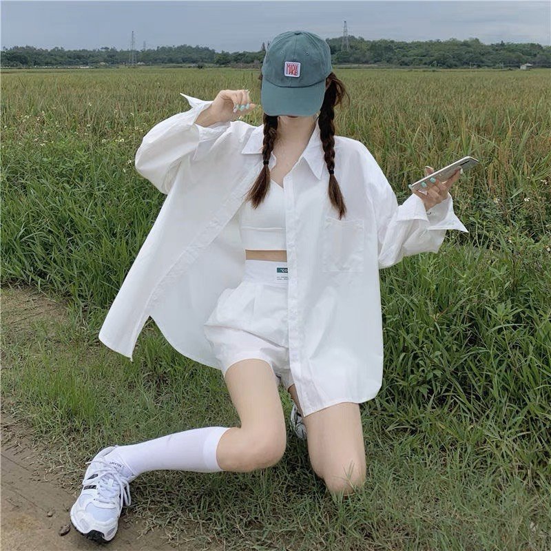 Áo sơ mi nữ dài tay form rộng ulzzang kiểu hàn basic màu trắng xanh nâu vàng tím dễ phối đồ
