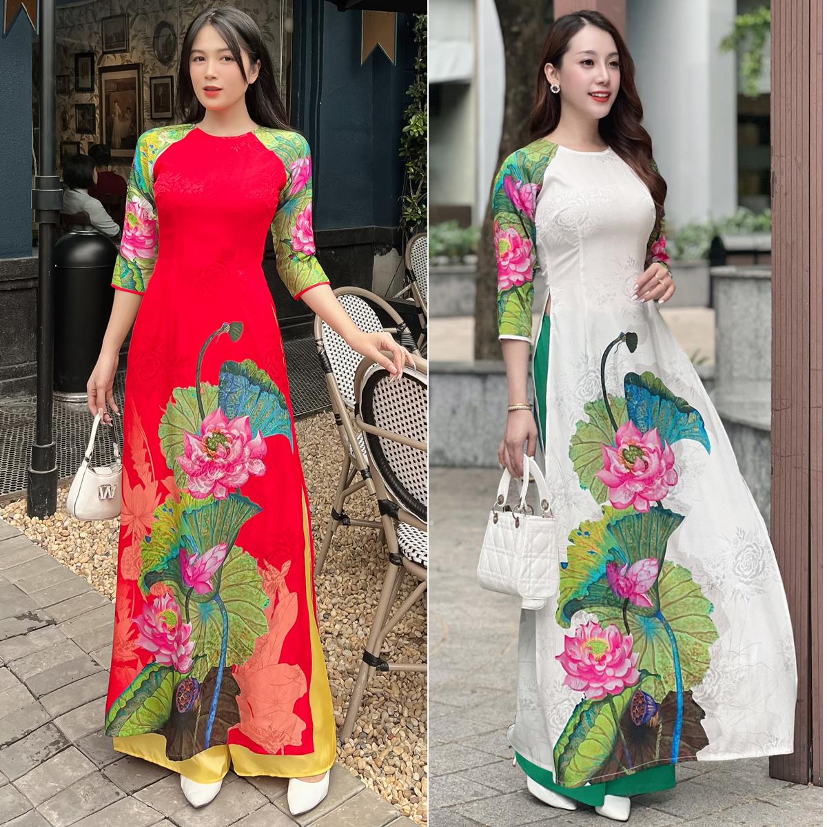 {HCM}Áo dài gấm in hoa sen xinh xỉu AD010 – Khánh Linh Style – Lady Fashion