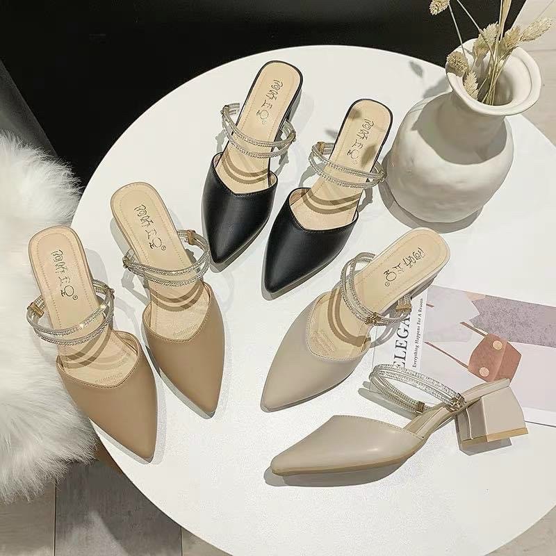 Sandal sục nữ đính đá gót vuông 5cm ( có đính kèm video tự quay)