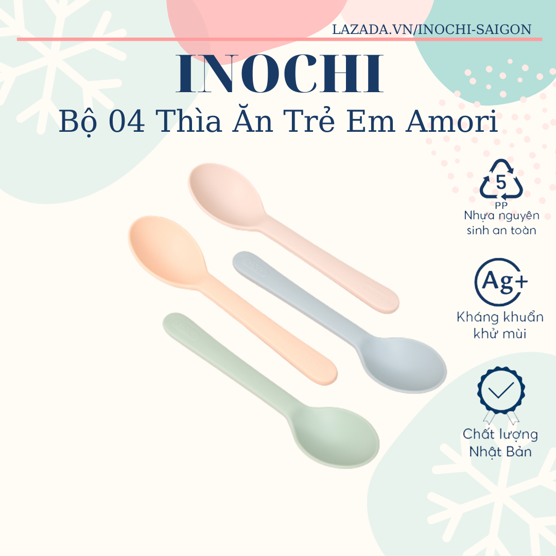 Bộ 04 thìa (muỗng) ăn trẻ em Inochi Amori (kháng khuẩn, không chứa BPA)