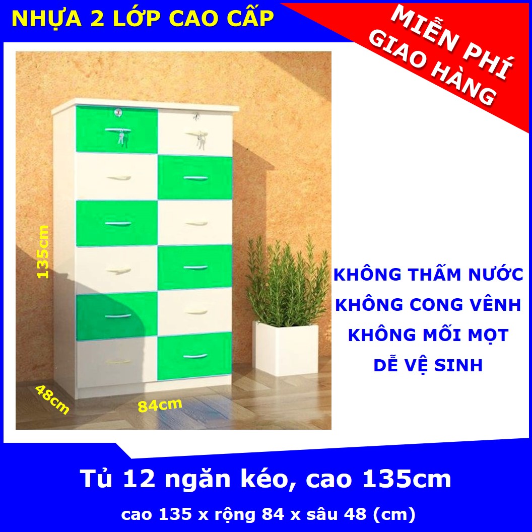 Tủ nhựa Trẻ Em/Người Lớn, 12 ngăn kéo, cao 130 x rộng 84 x sâu 45 (cm), chất liệu nhựa Đài Loan 2 lớp - KHÔNG THẤM NƯỚC, KHÔNG CONG VÊNH, KHÔNG MỐI MỌT