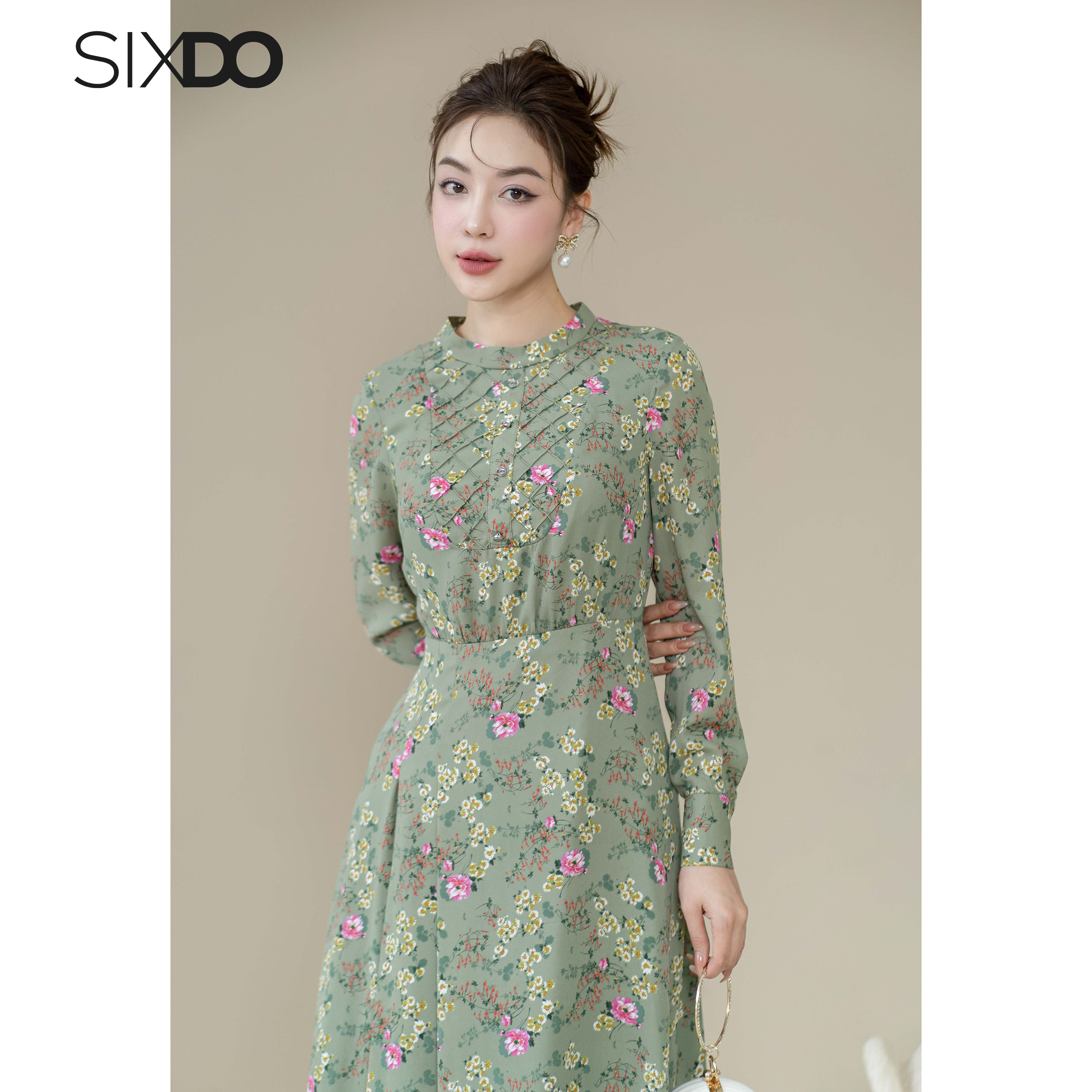 Đầm chiffon hoa nhí dài tay SIXDO