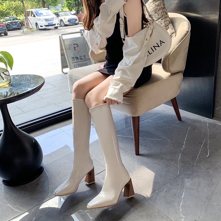 Bán sỉ- boot đùi, bốt gối da bóng mũi vuông khóa cạnh lót lông gót vát 8cm- g994