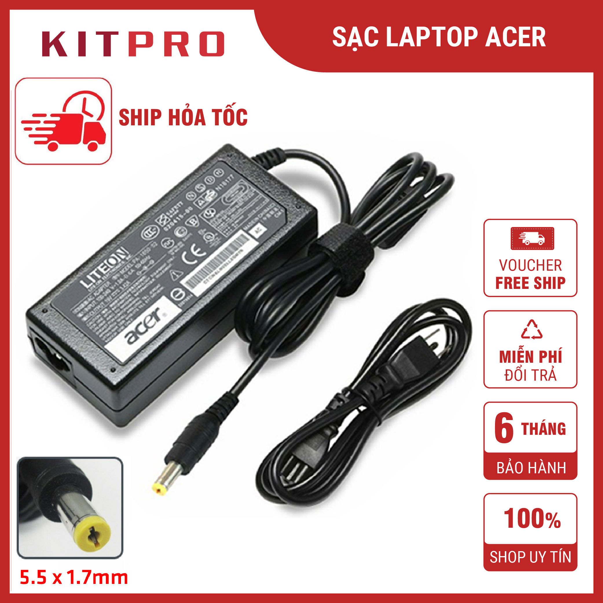 Sạc laptop Acer 19V 3.42A 4.74A 2.37A dây sạc máy tính Acer Aspire Travelmate chuôi cắm 5.5 x 1.7mm nguồn 45w 65w 90w ship hỏa tốc KITPRO