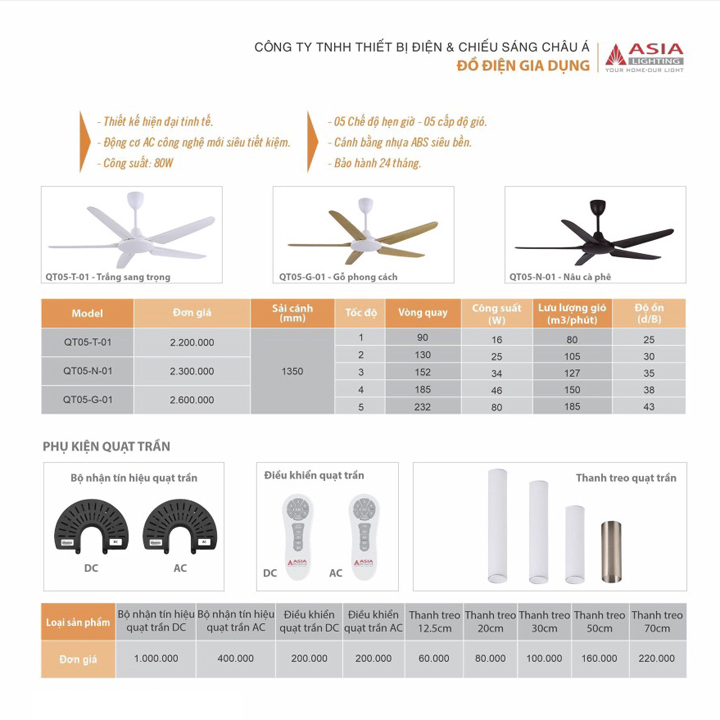 Quạt trần đèn cao cấp QT01- ASIA (3 màu: nâu cafe, bạc kiêu sa và trắng sang trọng)[Cam kết hàng chính hãng]