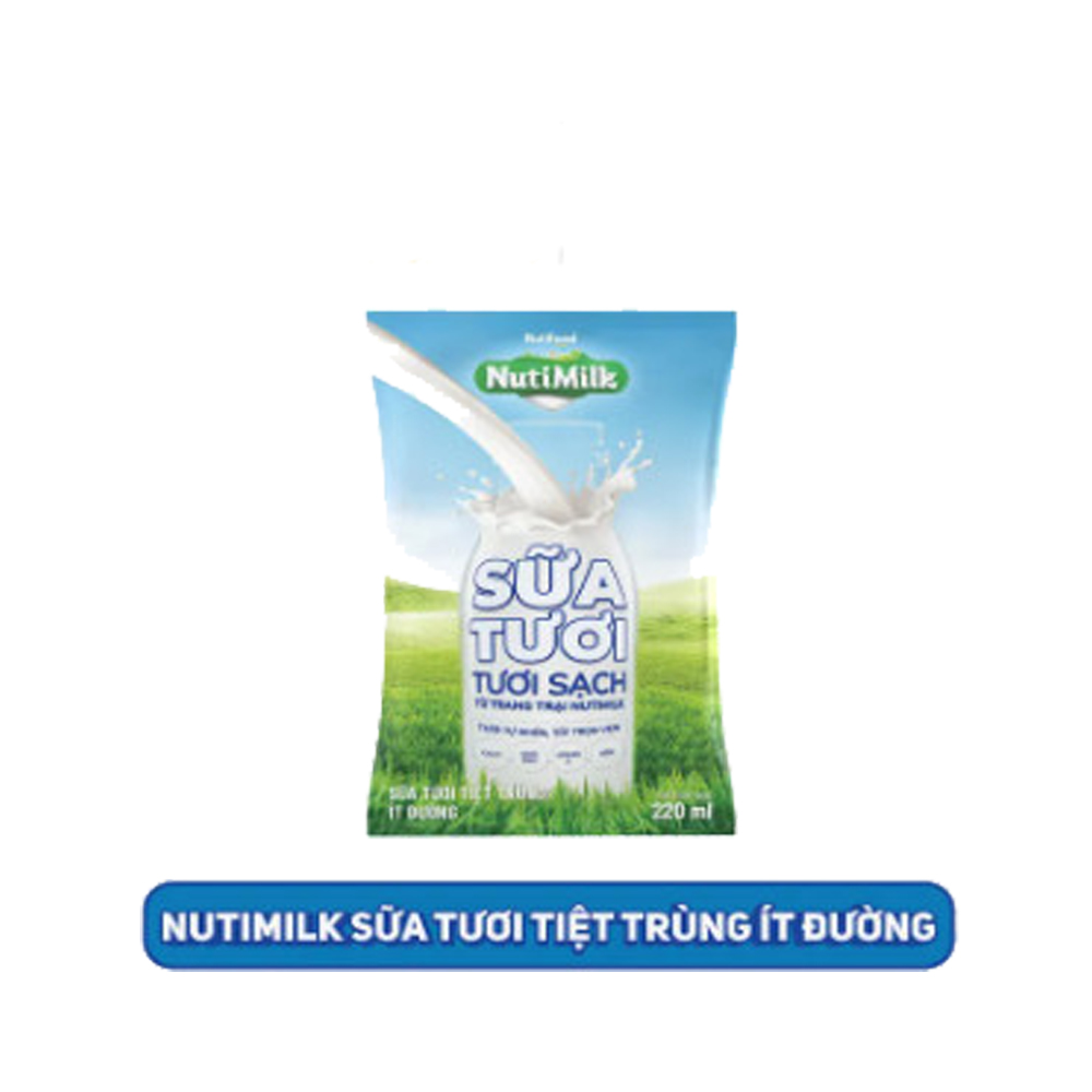 Thùng 48 bịch NutiMilk Sữa tươi TƯƠI SẠCH - Sữa tươi tiệt trùng Ít đường Bịch 220ml TU.STIDB220 - Thương Hiệu NUTIFOOD
