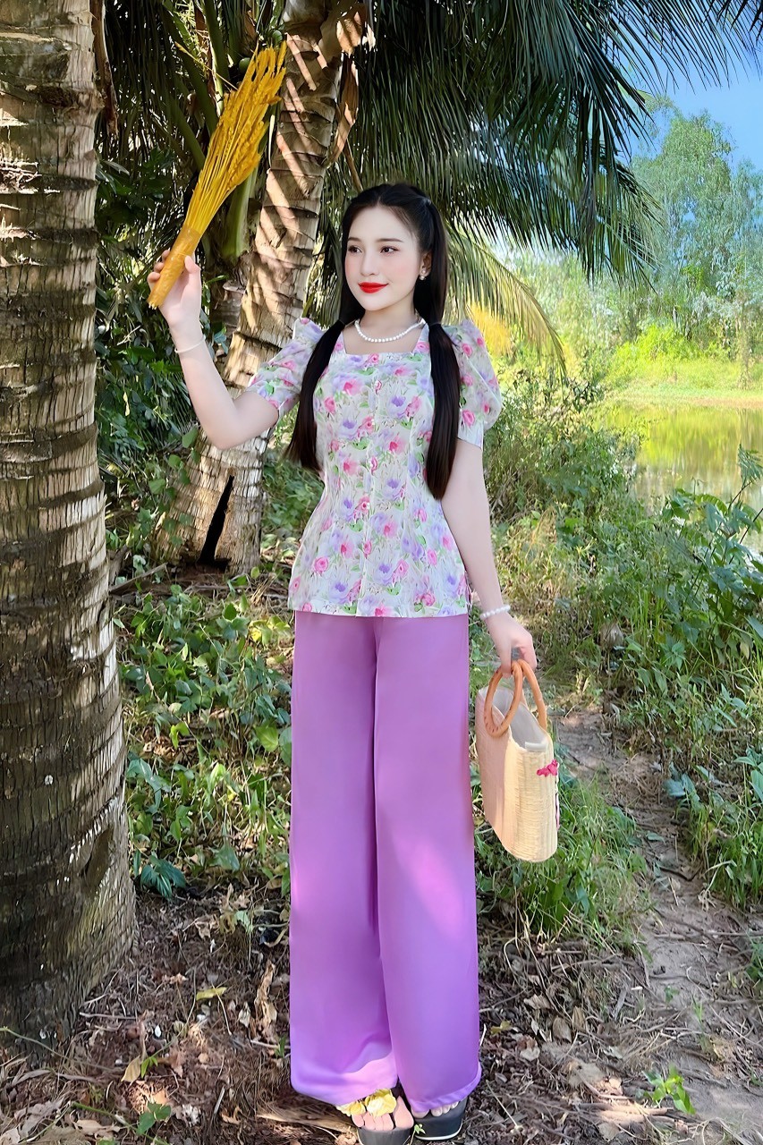 SÉT BỘ BÀ BA CỔ VUÔNG HOA NÚT NGỌC SIÊU XINH