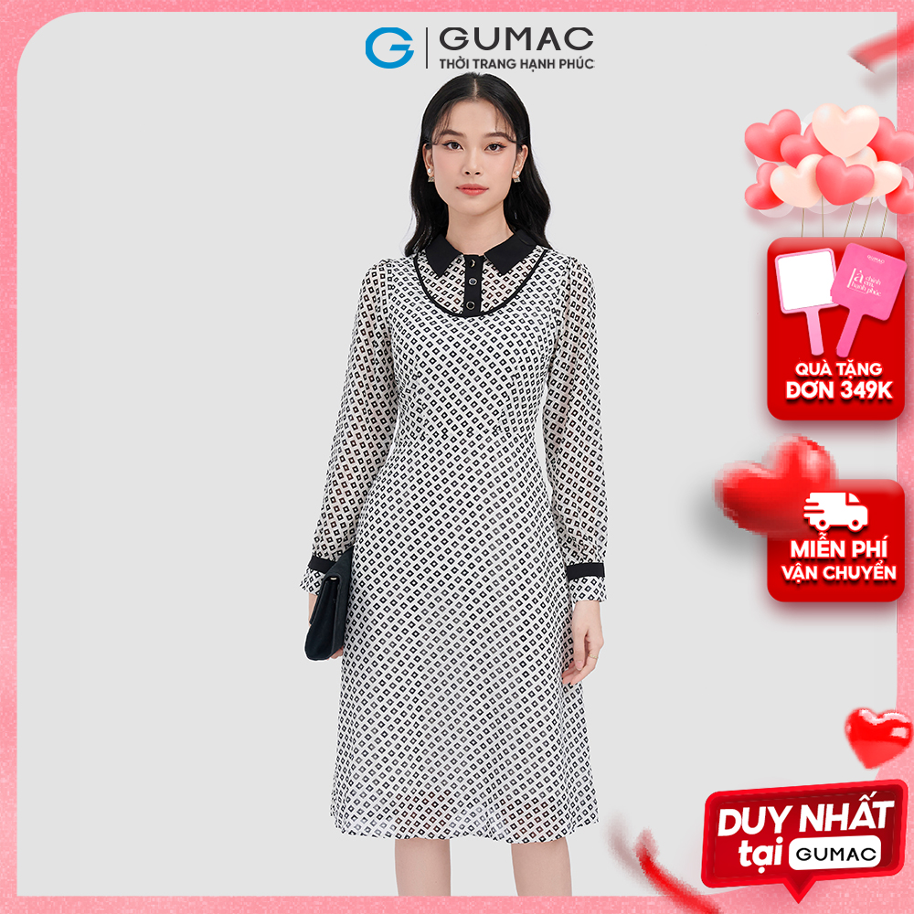 Đầm form A họa tiết phối cổ GUMAC DC09054