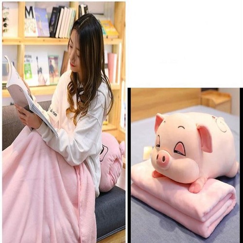 Bộ chăn gối 3 trong 1 hình heo lười dễ thương-Bộ Gối Mền Ngủ Văn Phòng Mềm Mịn Siêu Ấm, Gọn Nhẹ, Tiện Lợi- Bộ gối lợn kèm chăn siêu mềm mịn to đẹp dễ thương