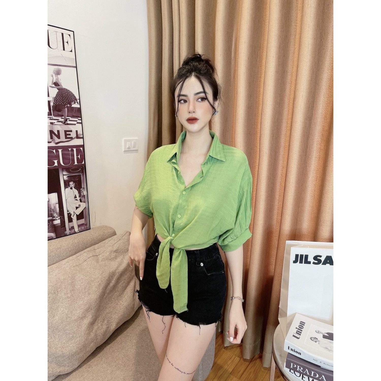 Áo sơ mi buộc vạt tay lỡ trơn cá tính