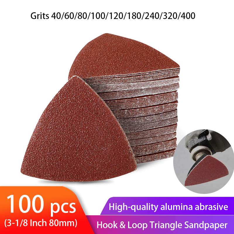 100pcs tam giác giấy nhám Móc & vòng tam giác chà nhám tấm phù hợp với 3-18 inch dao động đa công cụ chà nhám Pad 40-400 grit