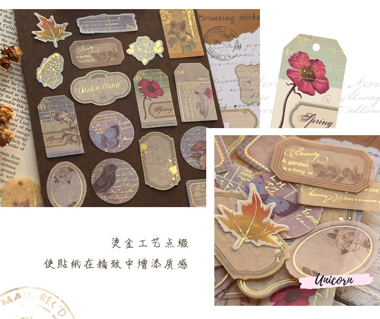 set 40 sticker phong cách vintage - hình con tem bronzing sticker