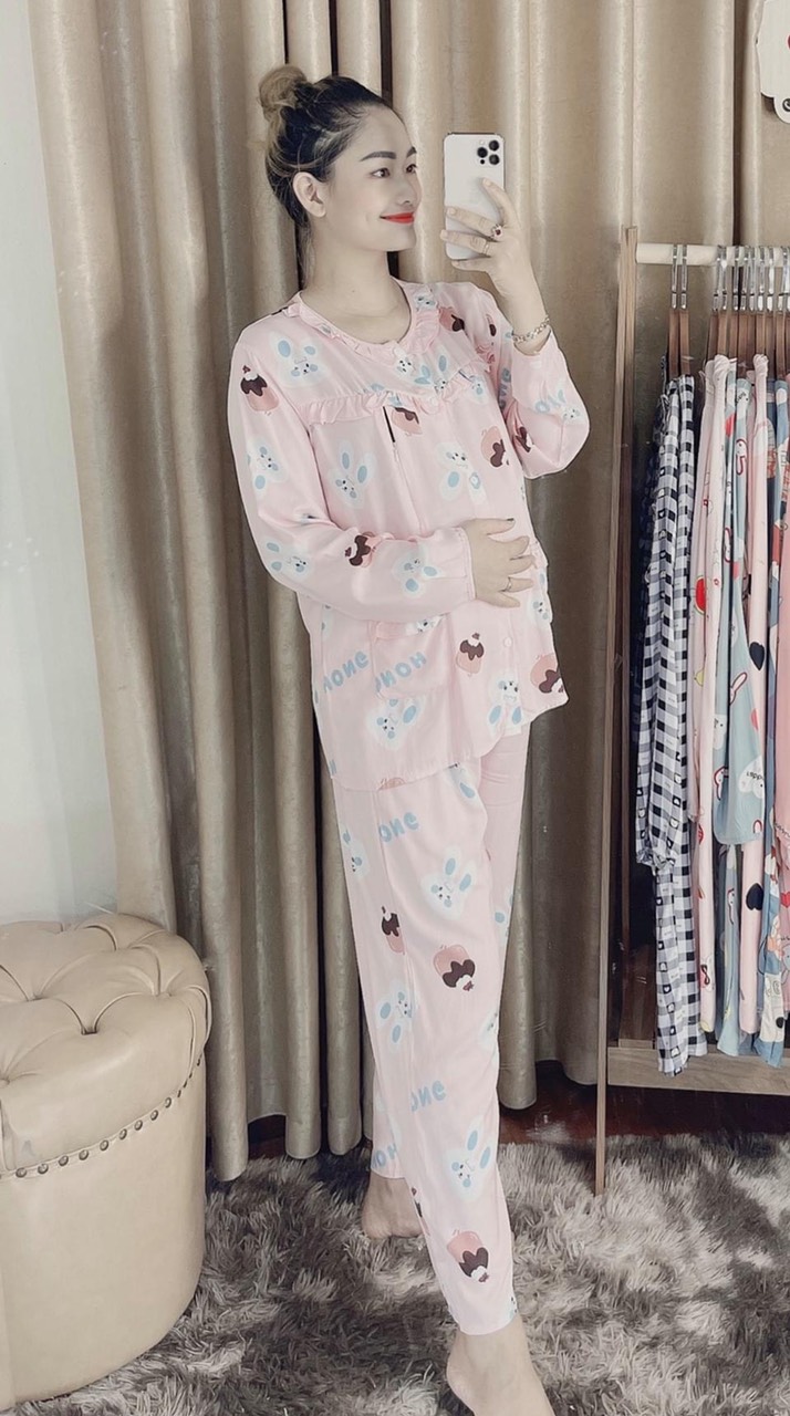 [Size đại] Bộ sau sinh dài vải lanh lụa (có chun rút chỉnh bụng và khoá cho bé bú) - size XXL(60-75kg)