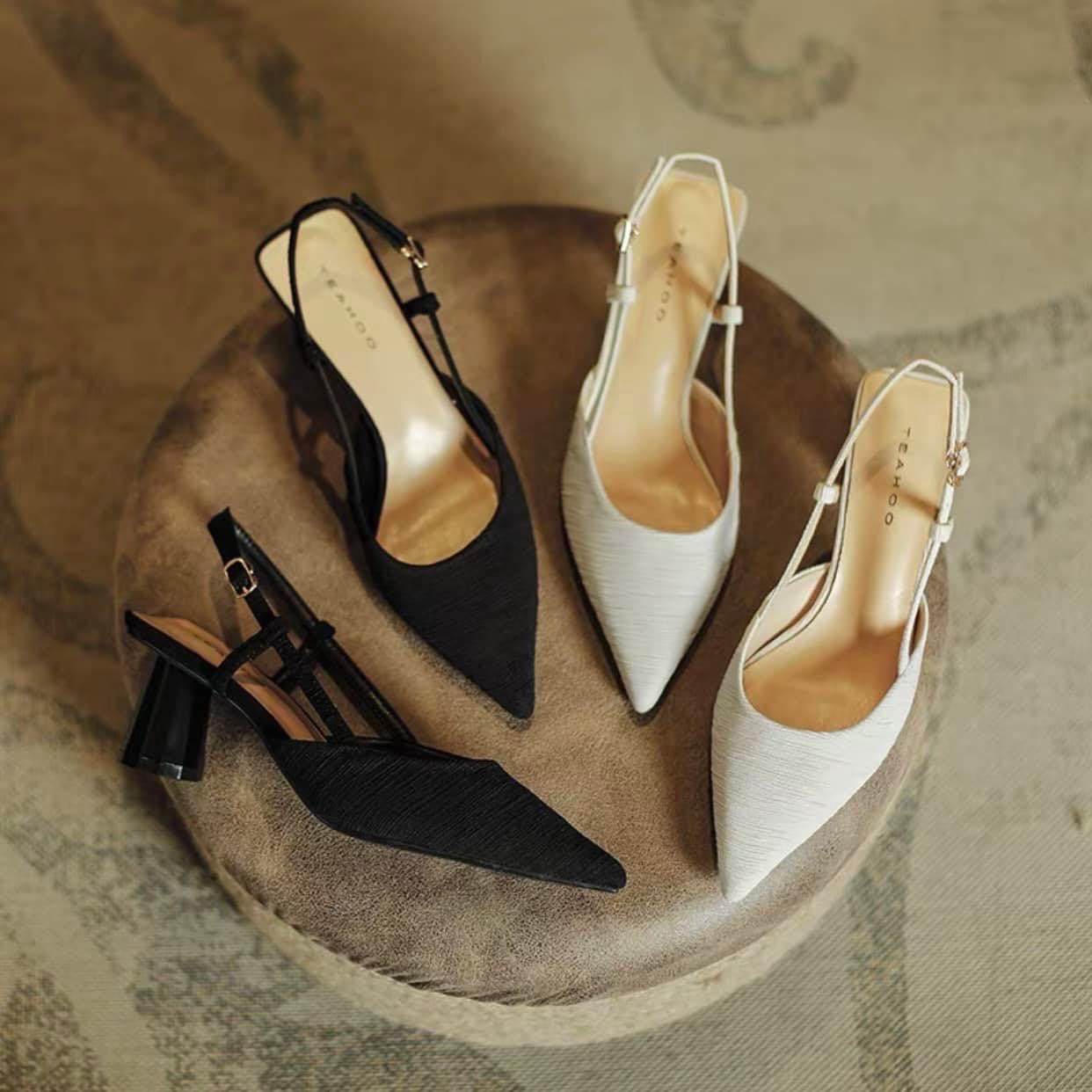 giày sandal nữ gót trụ mũi nhọn lụa trơn gót trụ 5cm- MÃ 961