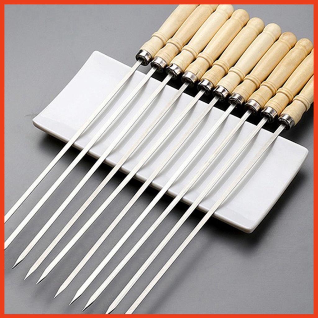 COMBO 10 Xiên nướng thịt Inox Xiên Inox chuôi gỗ Que xiên nướng thịt ...