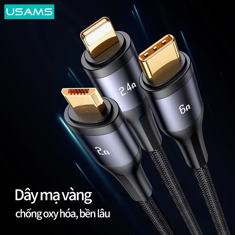 Dây Cáp Sạc Nhanh USAMS PD 100W 3 Trong 1 (Lightning+Type-C+Micro USB)