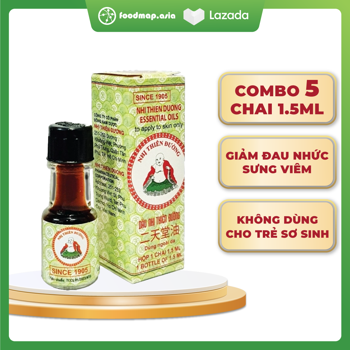 [COMBO 5 CHAI] Dầu Gió Nhị Thiên Đường - Chai 1,5ml