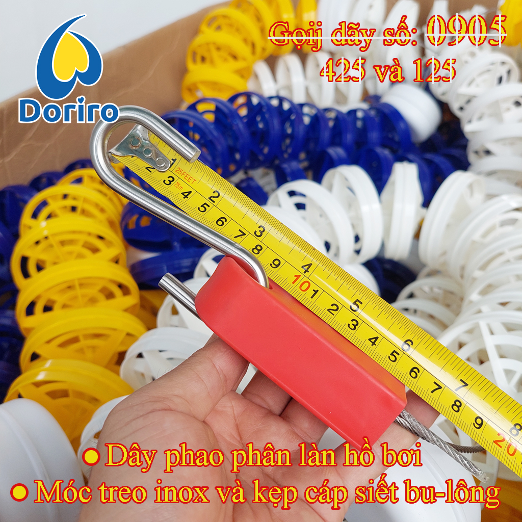 Dây phao phân làn hồ bơi, dài 25 mét và 50 mét HOẶC CHIỀU DÀI THEO YÊU CẪU CỦA KHÁCH, dây xuyên tâm bằng ny-long hoặc bằng thép.