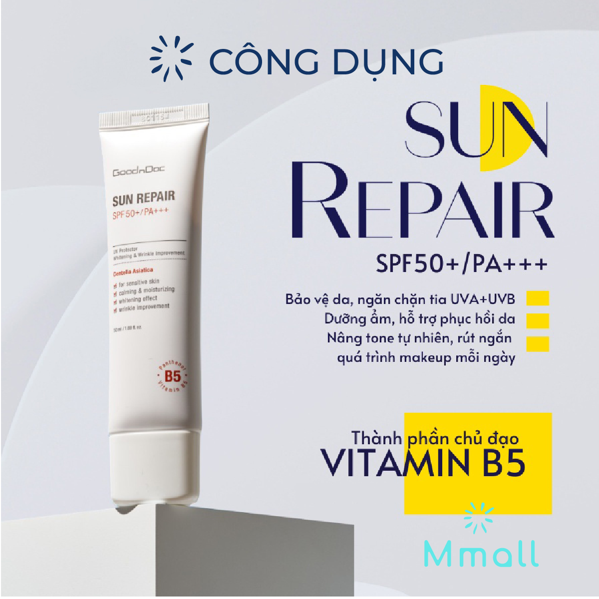 Kem chống nắng nâng tông da mặt GoodnDoc Sun Repair SPF50+ PA+++ Hàn Quốc Chiết xuất Rau má Tràm Trà Vitamin B5 cho da dầu mụn