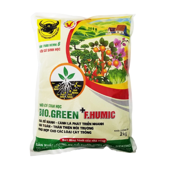 [HCM]Phân hữu cơ sinh học Đầu Trâu BIO GREEN F HUMIC 2kg cho rau ăn lá mai vàng hoa hồng cây kiểng