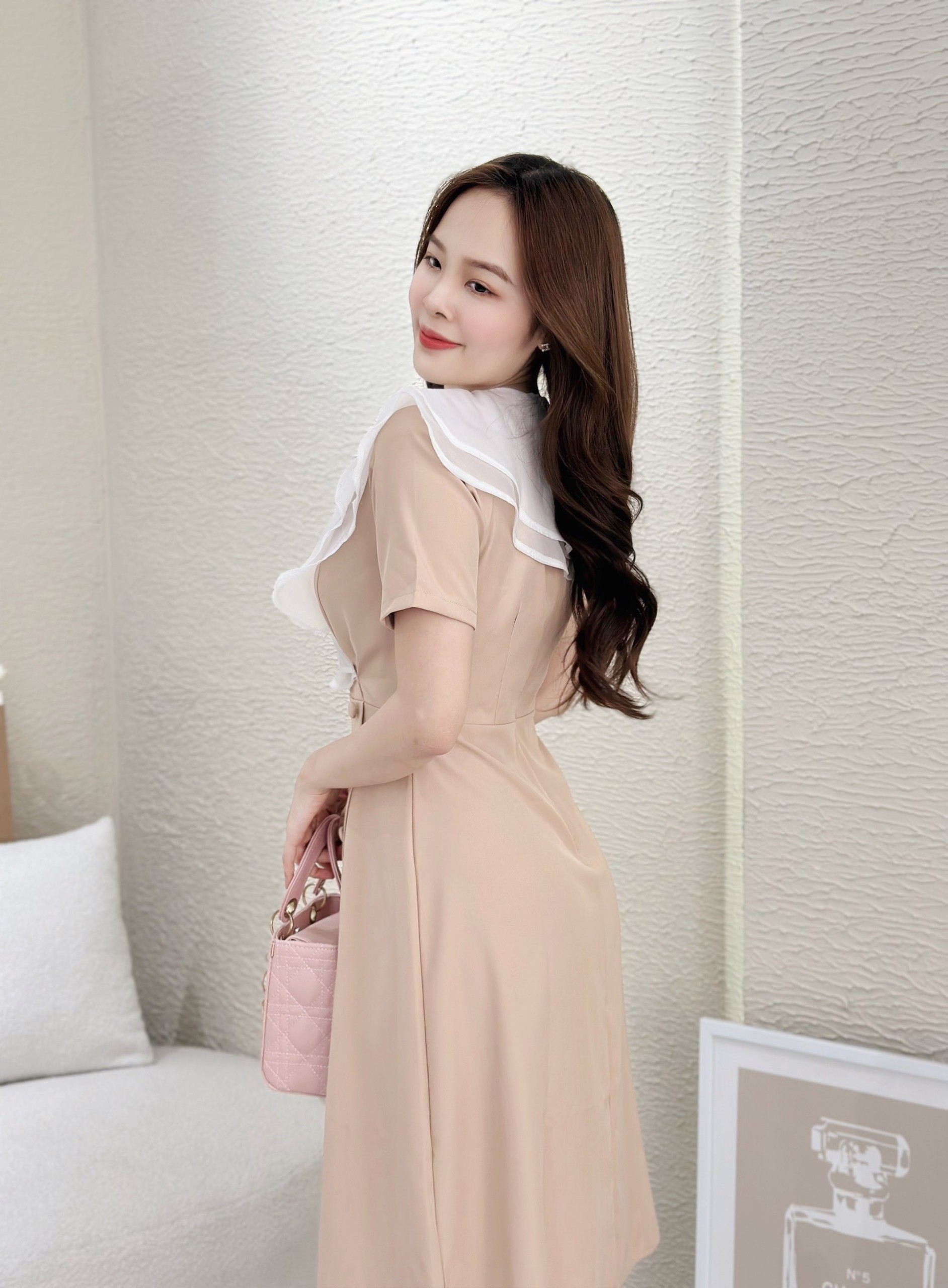 Đầm xòe cổ phối bèo, đính nút Misa - MS0268