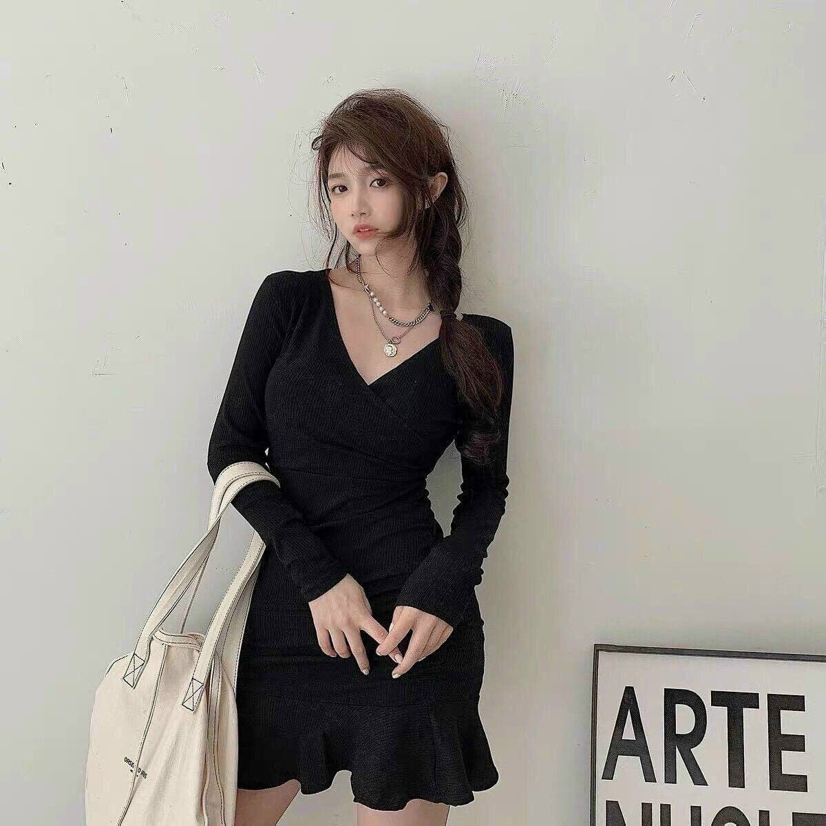 Đầm gân đuôi cá tay dài cổ V đắp chéo siêu xinh TTSA1069