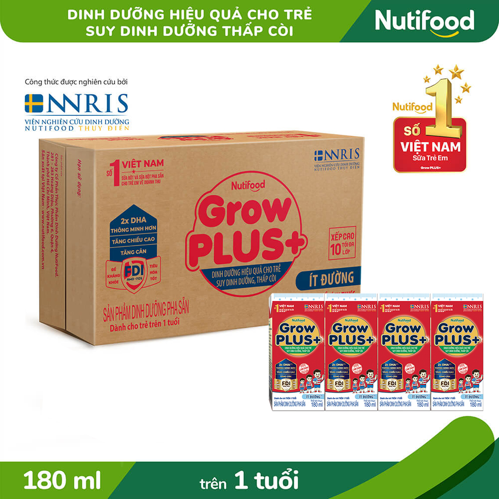 Thùng 48 hộp sbps nutifood grow plus+ sdd ít đường 180ml đỏ