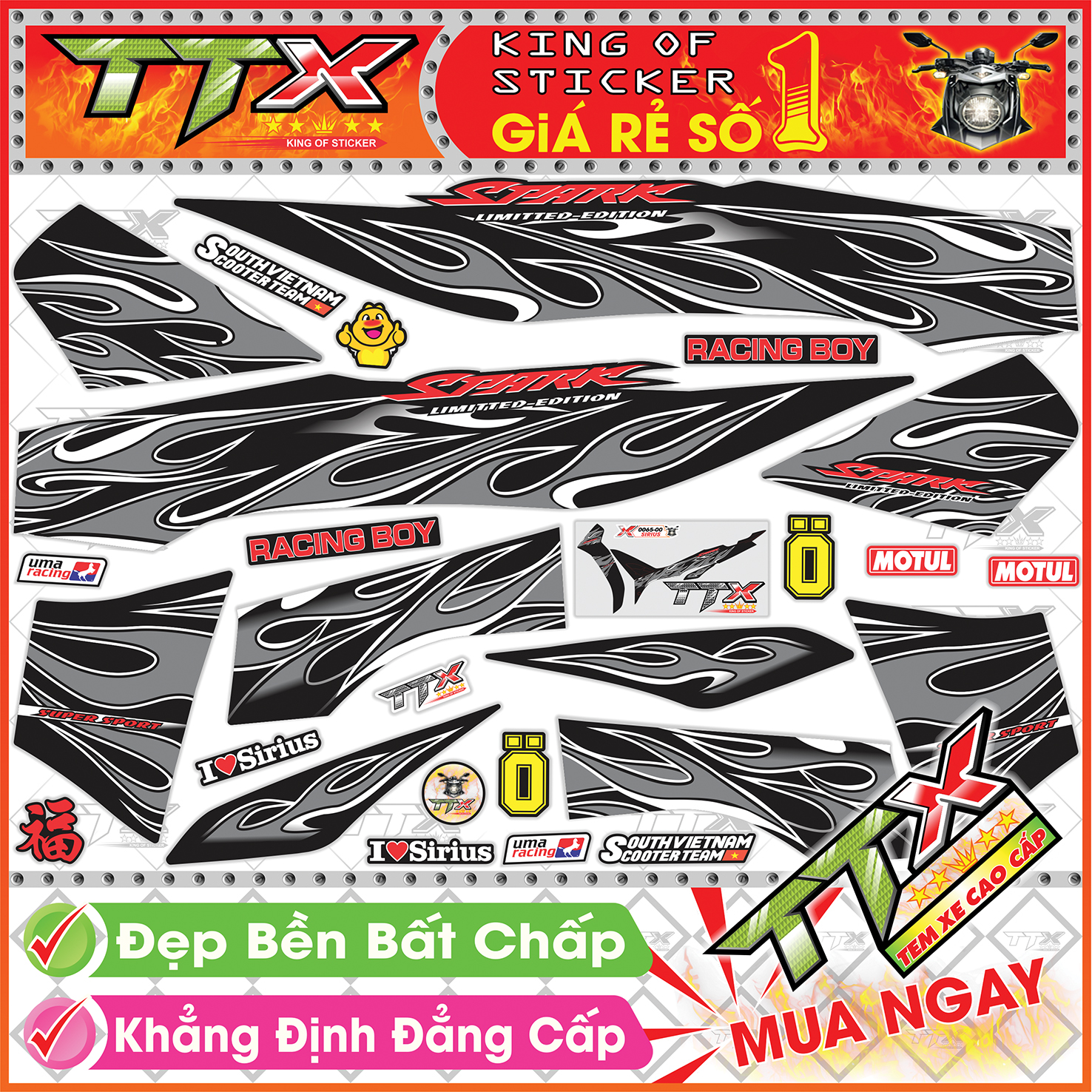Tem Lửa Sirius Full Đen Xám Trắng Đẹp Tinh Tế - Sirius Lửa Mẫu Mới